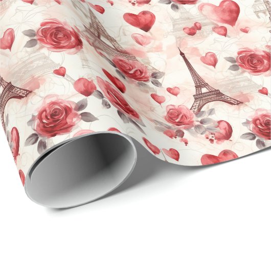 Romantische Rote Rose Chic Eiffel Tower Paris Fran Geschenkpapier (Rolleneckpunkt)