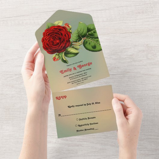 Romantische Rote Rose Delikate Sommerblumenhochzei All In One Einladung (Abreißen)