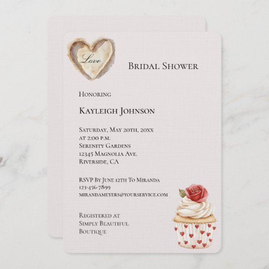 Romantische Rote Rose Herz Cupcake Brautparty Einladung (Vorne/Hinten)