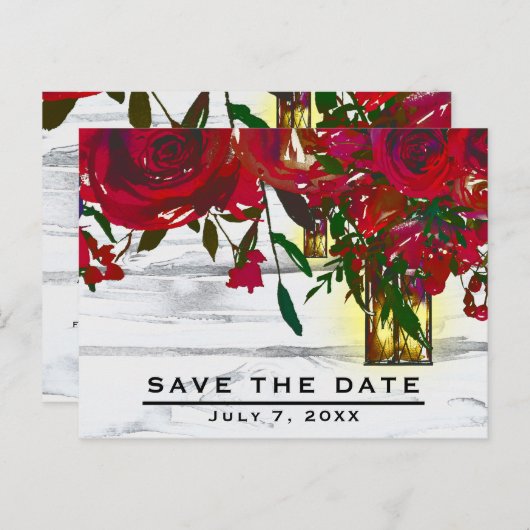 Romantische Rote Rose & Laterne Rett Datum Ankündigungspostkarte (Vorne/Hinten)