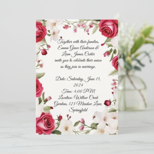 Romantische Rote Rose & Lily der Hochzeit im Tal Einladung (Stehend Vorderseite)