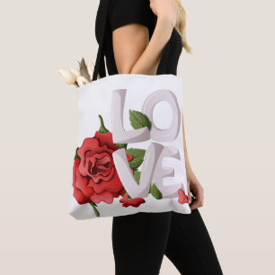 Romantische rote Rose mit kühner Liebestypografie Tasche