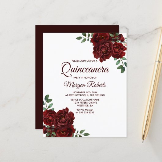 Romantische Rote Rose Quinceanera Haushalt Einladu (Vorderseite/Rückseite Beispiel)