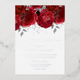 Romantische Rote Rose Quinceanera SIlver Folieneinladung