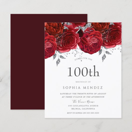 Romantische Rote Rose Silver 100. Geburtstagseinla (Vorne/Hinten)