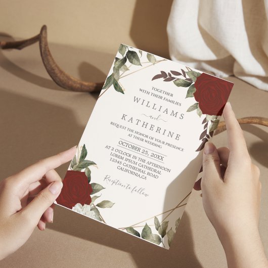 Romantische Rote Rose Tiefenfarben Hochzeit Floren Einladung