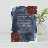 Romantische Rote Rose- und Wasserfarbenhochzeit Einladung (Stehend Vorderseite)