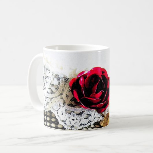 Romantische rote Rose und Weiß Kaffeetasse (Vorderseite Links)