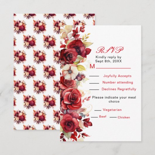 Romantische Rote Rosen Bloral Wedding RSVP Karte (Vorne/Hinten)