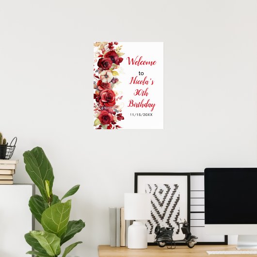 Romantische Rote Rosen Blumengeburt Party Poster (Heimbüro)