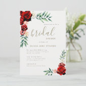 Romantische Rote Rosen Boho Blumenrahmen Brautpart Einladung (Stehend Vorderseite)