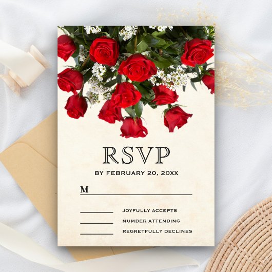 Romantische Rote Rosen Bouquet Wedding RSVP Karte