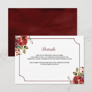 Romantische rote Rosen Florale Hochzeitsdetails Begleitkarte
