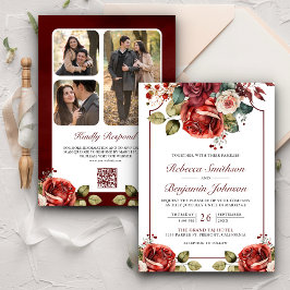 Romantische Rote Rosen Foto QR Code Hochzeit Einladung