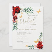 Romantische Rote Rosen Gold Butterfets Brautparty Einladung (Vorderseite)