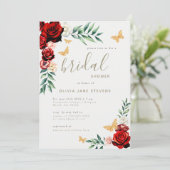 Romantische Rote Rosen Gold Butterfets Brautparty Einladung (Stehend Vorderseite)