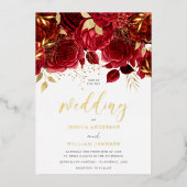Romantische Rote Rosen & Goldleaf-Hochzeit Folieneinladung (Vorderseite)