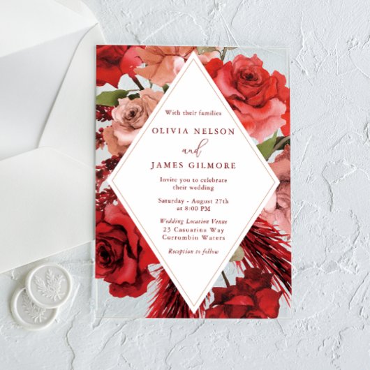 Romantische Rote Rosen Moderne Hochzeit Acryleinladungen