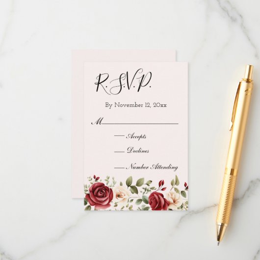 Romantische Rote Rosen Rosa Hochzeit RSVP Begleitkarte (Vorderseite/Rückseite Beispiel)