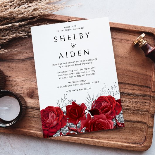 Romantische Rote Rosen & Silberhochzeit Einladung