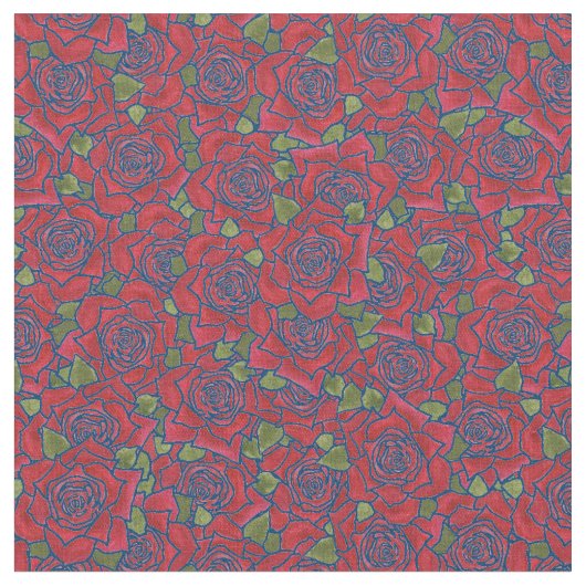 Romantische Rote Rosen über blaues Muster Stoff (Nahaufnahme)