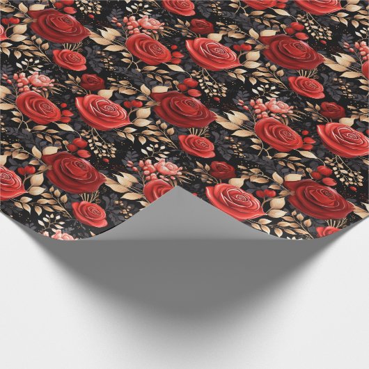 Romantische Rote Rosen über schwarzes Umschlagpapi Geschenkpapier (Ecke)