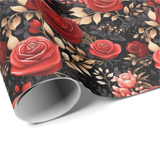 Romantische Rote Rosen über schwarzes Umschlagpapi Geschenkpapier (Rolleneckpunkt)
