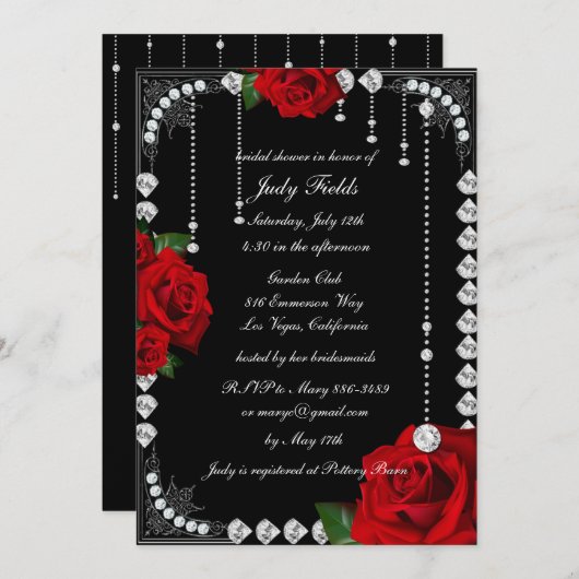Romantische Rote Rosen und Diamanten Brautparty Einladung (Vorne/Hinten)