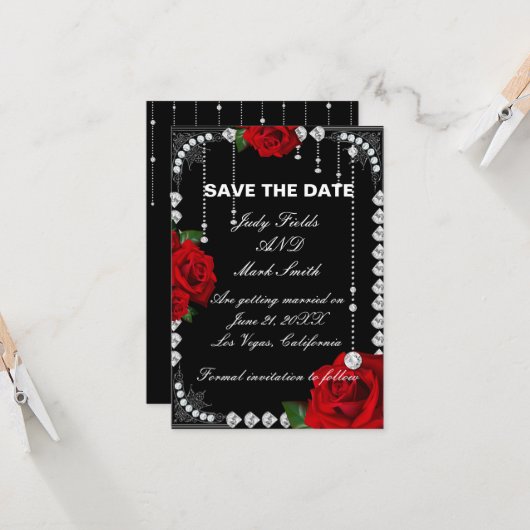 Romantische Rote Rosen und Diamanten Save the Date (Vorderseite/Rückseite Beispiel)