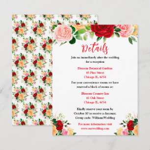Romantische rote und orange Rosen Hochzeitsdetails Begleitkarte