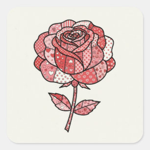 Romantische rote und rosa Patchwork-Rosen-Illustra Quadratischer Aufkleber
