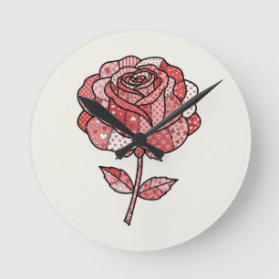 Romantische rote und rosa Patchwork-Rosen-Illustra Runde Wanduhr