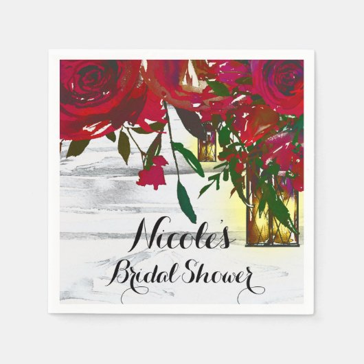 Romantische Rotwasserfarben-Rose & Laternenhochzei Serviette (Vorderseite)