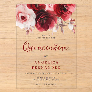 Romantische Rubinrote Rosen Quinceanera-Party Acryleinladungen