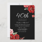 Romantische Ruby Red & Black Floral 40 Jahre alt Einladung (Vorderseite)