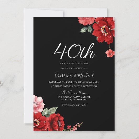 Romantische Ruby Red & Black Floral 40 Jahre alt Einladung (Vorderseite)
