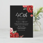 Romantische Ruby Red & Black Floral 40 Jahre alt Einladung (Stehend Vorderseite)