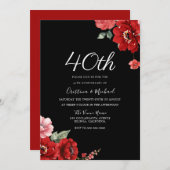 Romantische Ruby Red & Black Floral 40 Jahre alt Einladung (Vorne/Hinten)