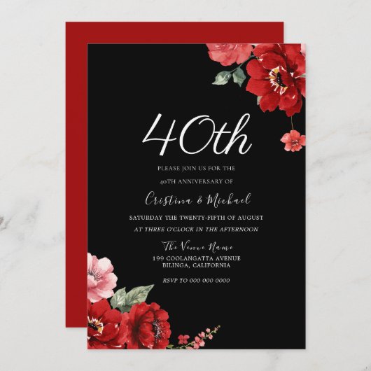 Romantische Ruby Red & Black Floral 40 Jahre alt Einladung (Vorne/Hinten)