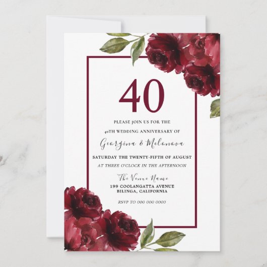 Romantische Ruby-Rote Rosen 40. Hochzeitstag Einladung (Vorderseite)