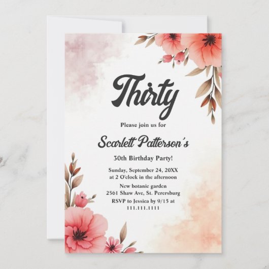 Romantische Rustikale Aquarellblume 30. Geburtstag Einladung (Vorderseite)