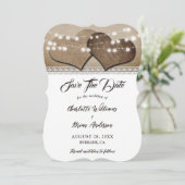 Romantische Rustikale Burlap Heart Lace Wedding Save The Date (Stehend Vorderseite)