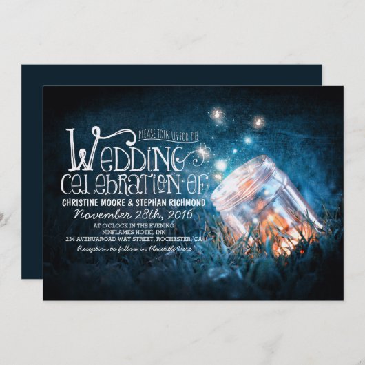 Romantische rustikale Maurerjar & Fireflies Hochze Einladung (Vorne/Hinten)