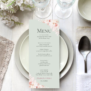 Romantische Sage-Grün- und Rosa-Rosen-Hochzeitsmen Menükarte