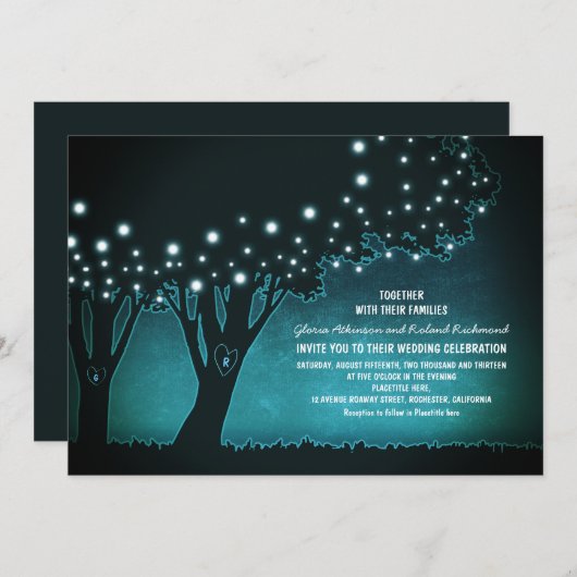 Romantische Saitenlichter Bäume rustikale Hochzeit Einladung (Vorne/Hinten)