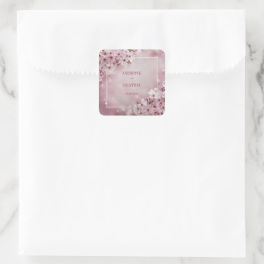Romantische Sakura Blossom Hochzeitsticker Quadratischer Aufkleber (Tasche)
