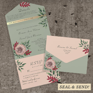 Romantische Salbeigrüne Rouge Florale Hochzeit All In One Einladung