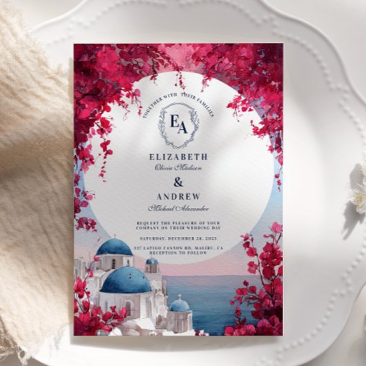 Romantische Santorini Sunset Bougainvillea Einladung