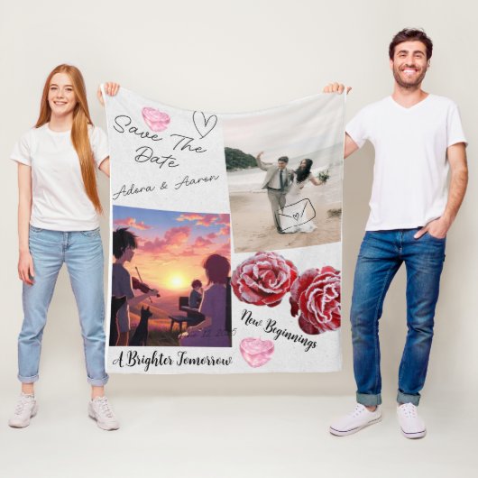 Romantische Save-The-Date-Hochzeitscollage Fleecedecke (Beispiel)