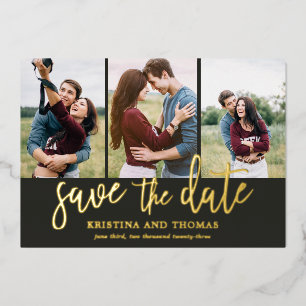 Romantische Schrift 3 Foto-Collage Save-the-Date Folieneinladung